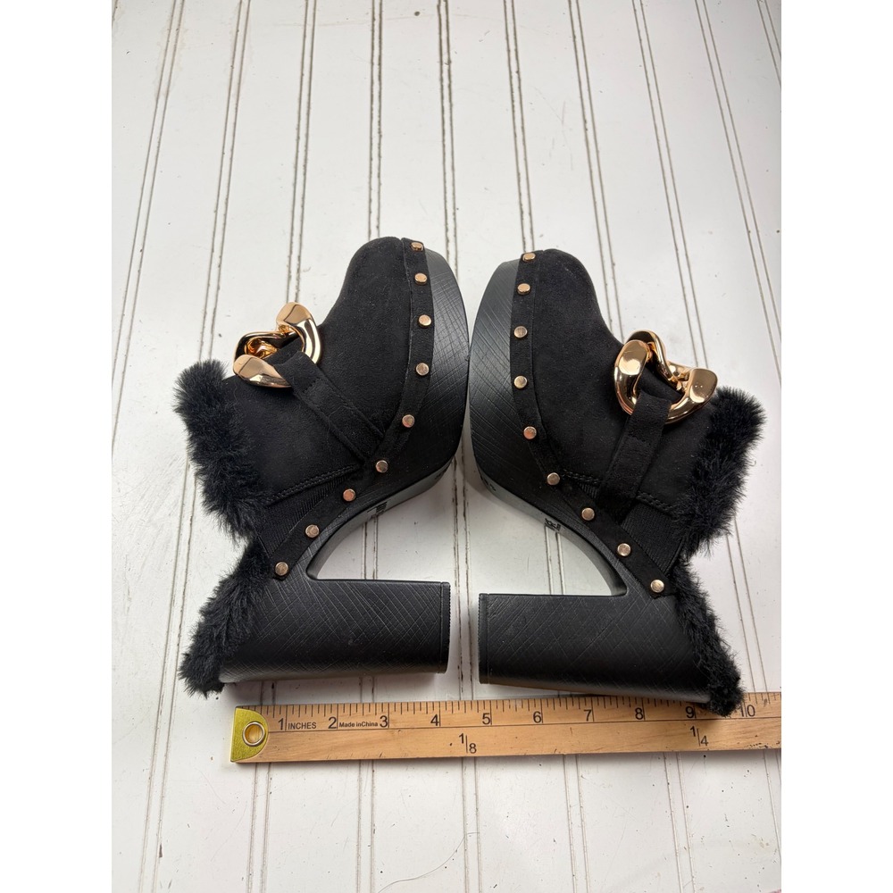Rouge Vintage Y2K Black Faux Fur Gold Chain Platform Mules Women's Size 8 - Picture 9 of 9